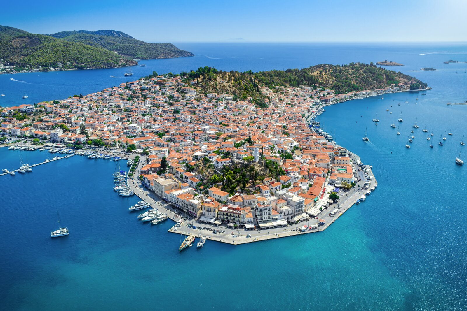 The stone-mansion harbor of Hydra, a Saronic island near Athens