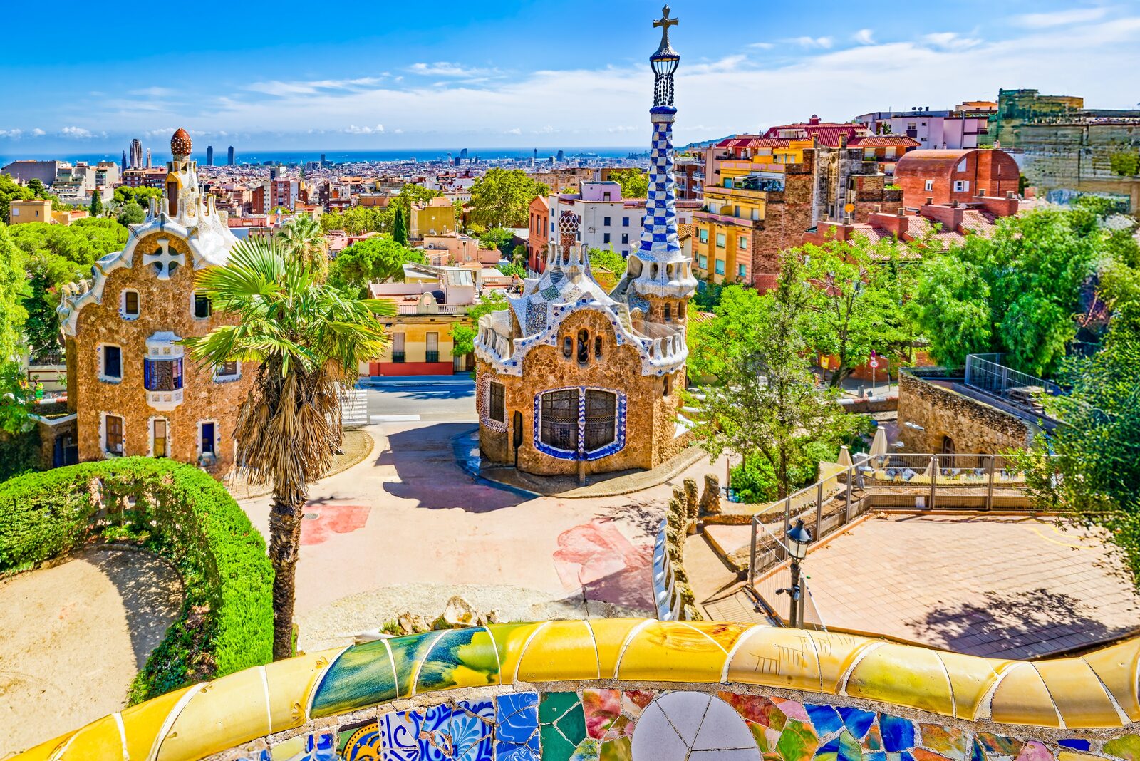 Colorful mosaic serpentine bench and pavilions at Park Güell, Barcelona
