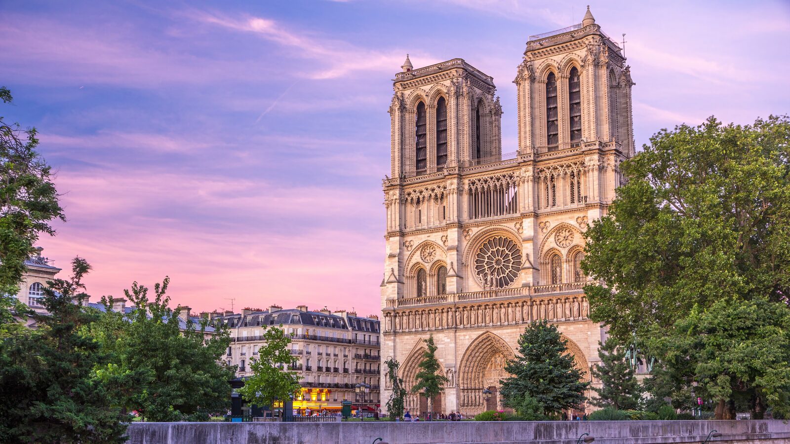 The Gothic façade and towers of Notre-Dame Cathedral in Paris