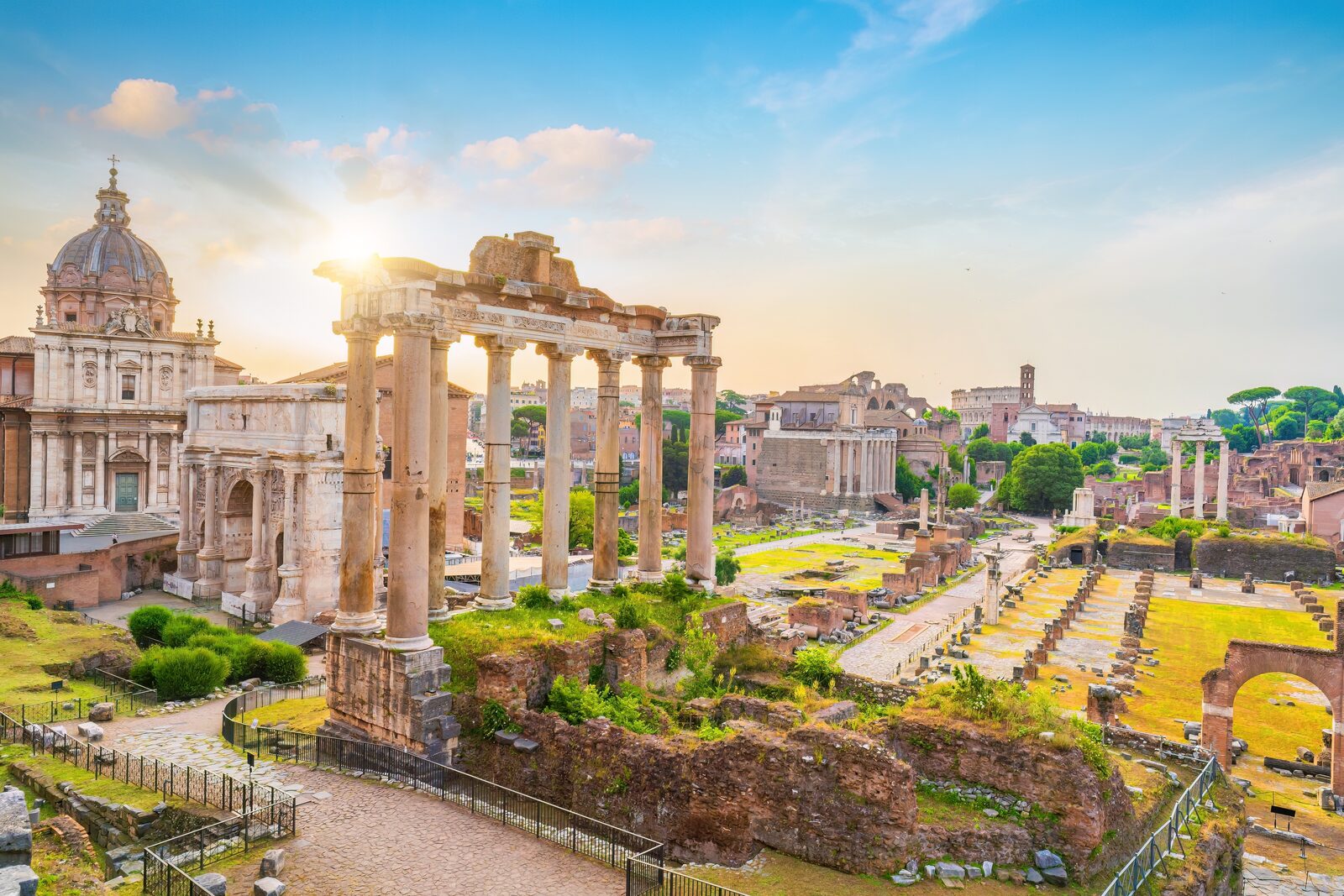 Ruined columns and temples of the Roman Forum seen from above