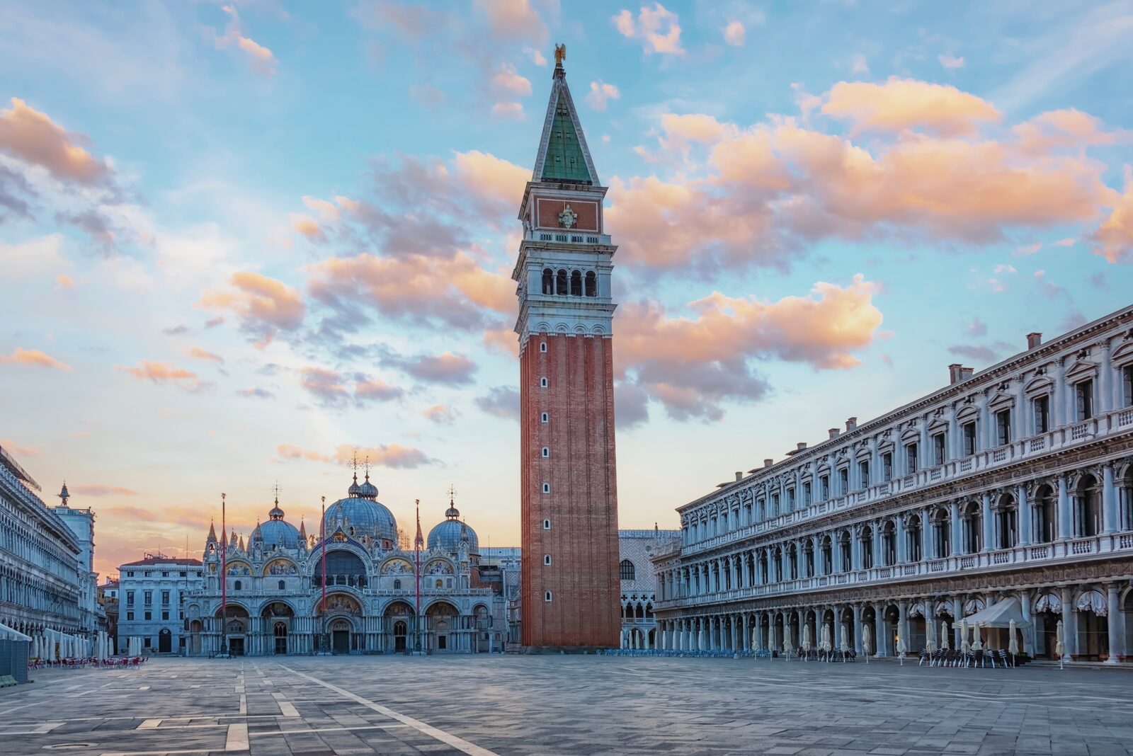 St. Mark's Basilica and the Campanile bell tower on Piazza San Marco in Venice